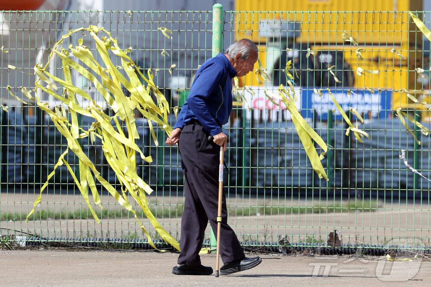 본문 이미지 - 세월호 참사 12주기인 16일 전남 목포시 목포해경전용부두에서 한 시민이 노란 리본 앞을 걷고 있다. (공동취재) 2026.4.16 ⓒ 뉴스1 이수민 기자