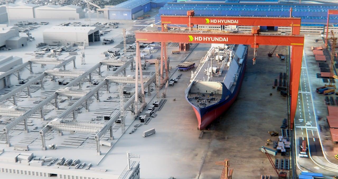 본문 이미지 - 지멘스, 엔비디아가 디지털 트윈 협력해 구현한 HD현대 조선소 모습. (출처 엔비디아)