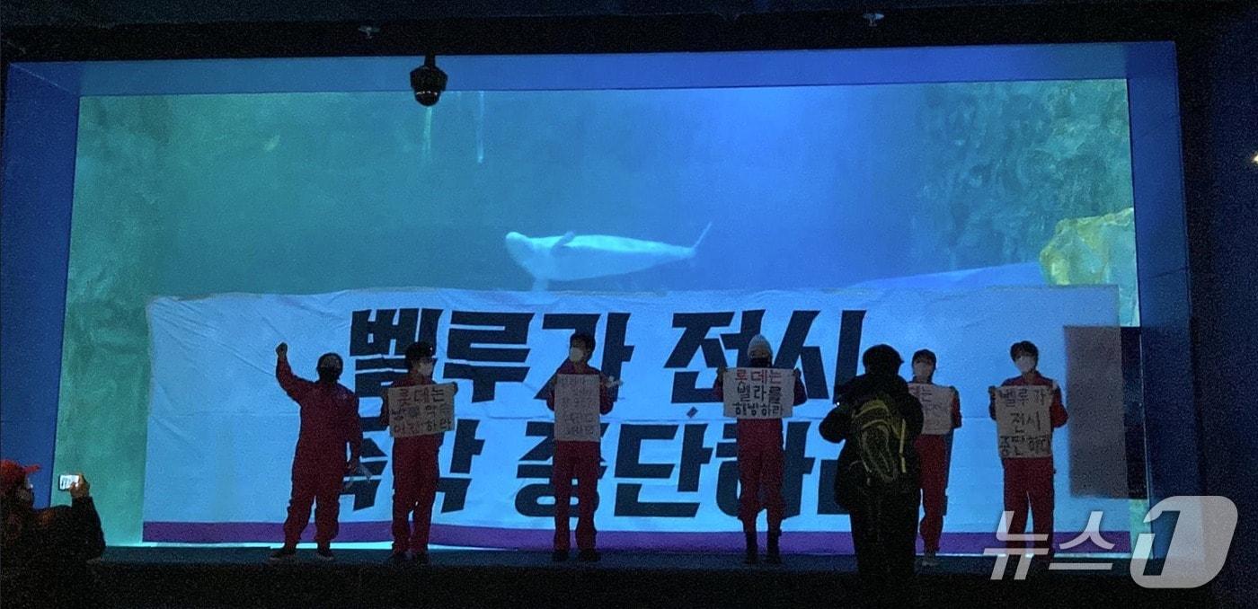 본문 이미지 - 2012년 12월 해양생물보호단체 '핫핑크돌핀스' 활동가들이 롯데월드 아쿠아리움 앞에서 벨루가 벨라 방류를 촉구하며 현수막 시위를 벌이고 있다./(핫핑크돌핀스 측 제공)