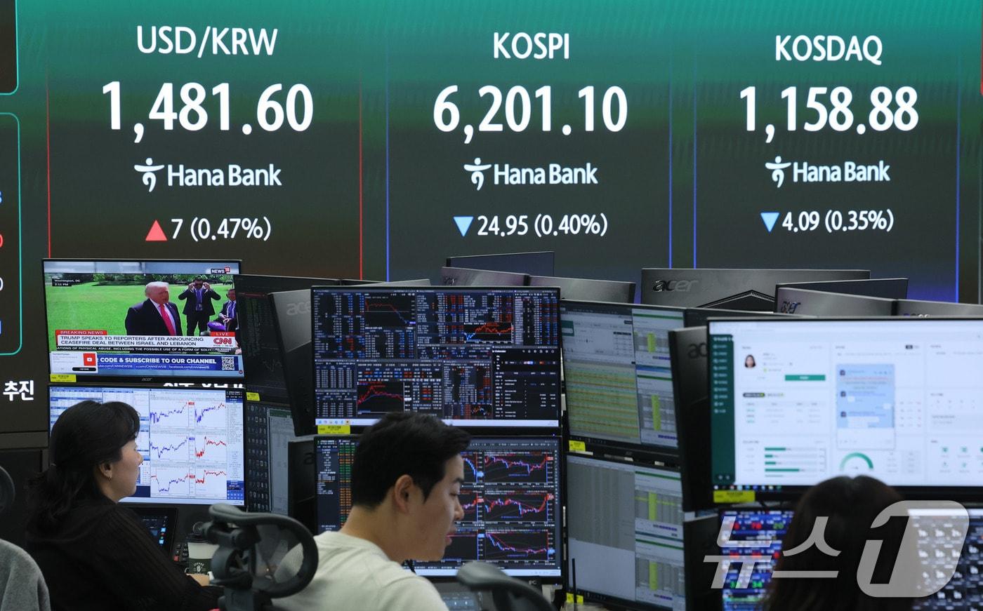본문 이미지 - 17일 오전 서울 중구 하나은행 딜링룸 현황판에 코스피 지수가 나타나고 있다.  2026.4.17 ⓒ 뉴스1 박지혜 기자