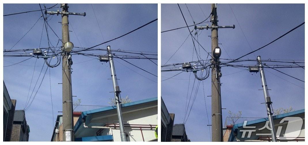 본문 이미지 - 수원시 권선구의 'LED 보안등 개선사업'에 따른 보안등 교체 전(왼쪽)과 후 모습.(권선구 제공. 재판매 및 DB금지)/뉴스1