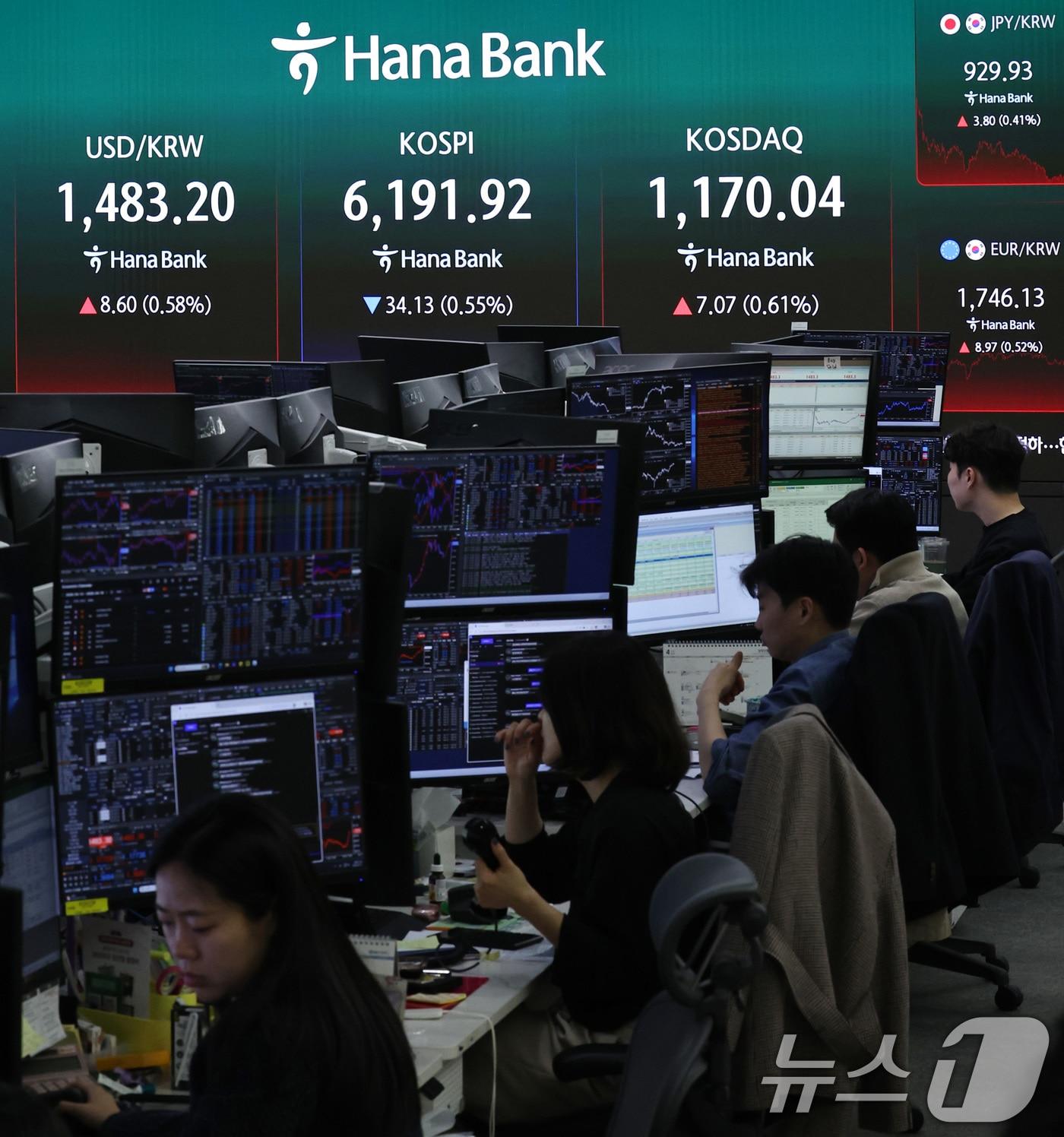 본문 이미지 - 17일 서울 중구 하나은행 본점 딜링룸 전광판에 코스피 지수가 전 거래일 대비 34.13포인트(0.55%) 내린 6,191.92를 나타내고 있다. 2026.4.17 ⓒ 뉴스1 구윤성 기자