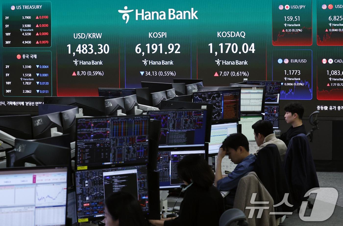 본문 이미지 - 17일 서울 중구 하나은행 본점 딜링룸 전광판. 2026.4.17 ⓒ 뉴스1 구윤성 기자