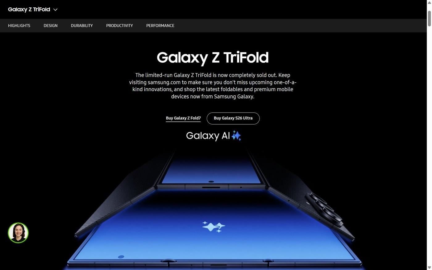 본문 이미지 - 삼성전자 미국 공식 스토어는 지난 17일(현지시간) "한정 판매된 갤럭시Z 트라이폴드의 재고가 현재 완전히 매진됐다"고 공지했다. (미국 삼성닷컴 사이트 갈무리)