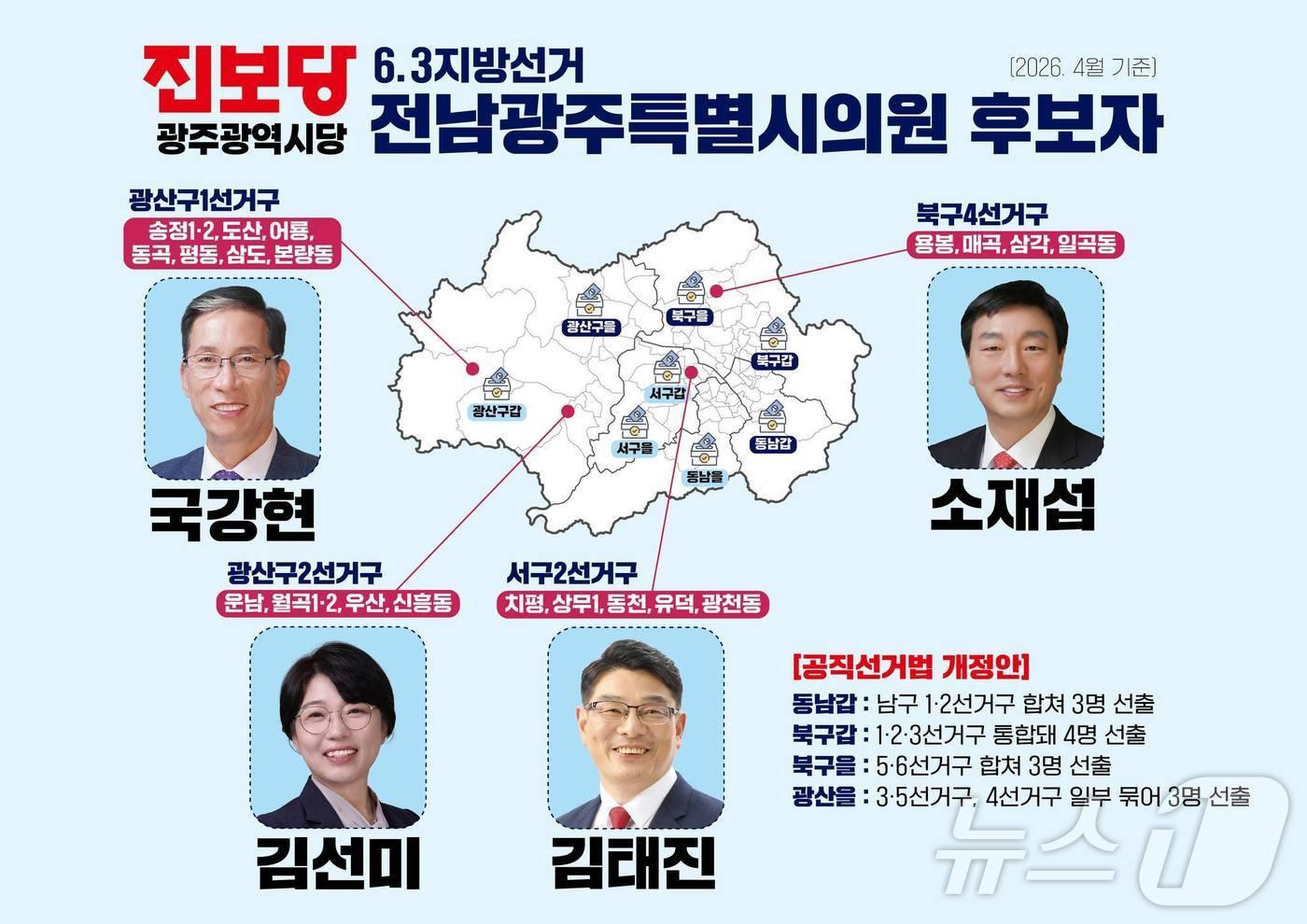 본문 이미지 - 진보당 광주 광역의원 후보들이 출마한 선거구. 광산1 선거구는 국광현, 북구 4선거구는 소재섭, 광산2선거구는 김선미, 서구2선거구는 김태진 후보가 출마한다.(진보당 제공. 재배포 및 DB 금지)