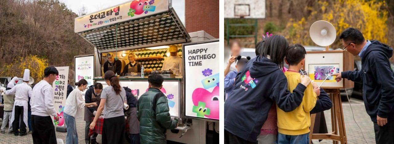 본문 이미지 - (왼쪽)'온더고타임' 푸드트럭, (오른쪽)식사 후 즉석 사진을 찍고 있는 아이들 모습.(아워홈 제공)