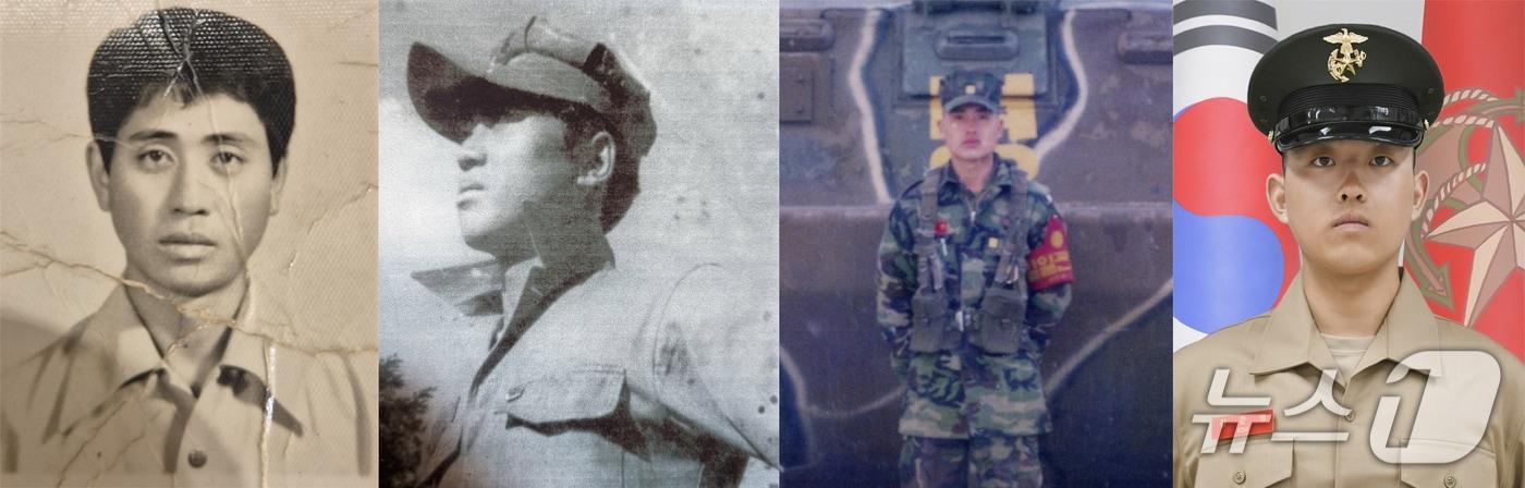 본문 이미지 -  해병대 창설 77년 이래 첫 '4대 해병' 가족이 탄생했다. 주인공인 해병 1327기 김준용 이병 가족이다. 왼쪽부터 증조부인 고 김재찬(병 3기), 조부 김은일 해병(병 173기), 부친 김철민 해병(병 754기), 김 이병(병 754기).(해병대 교육훈련단 제공, 재판매 및 DB금지) 2026.4.2/뉴스1