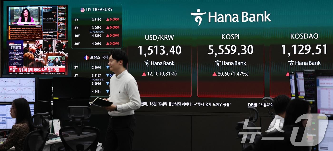 본문 이미지 - 2일 오전 서울 중구 하나은행 딜링룸 전광판에 코스피와 코스닥 등 시황이 표시되고 있다. 이날 코스피는 전 거래일(5478.7)보다 72.99포인트(1.33%) 상승한 5551.69에 개장했다. ⓒ 뉴스1 구윤성 기자