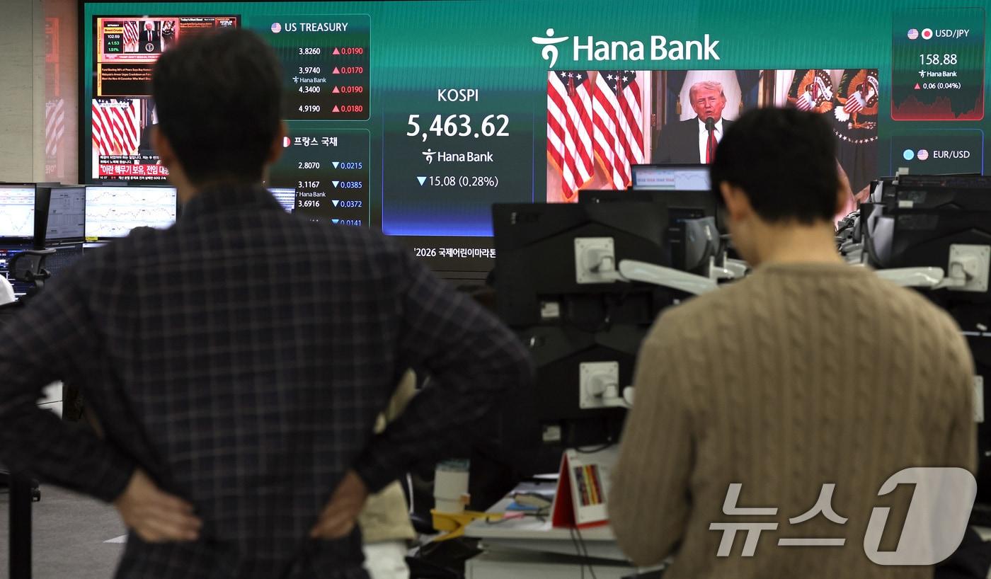 본문 이미지 - 2일 오전 서울 중구 하나은행 딜링룸에서 직원들이 도널드 트럼프 미국 대통령의 중동사태 관련 대국민 연설 생중계를 시청하고 있다. 이날 상승 출발한 코스피는 트럼프 대통령 발언 이후 하락 전환했다. 2026.4.2 ⓒ 뉴스1 구윤성 기자