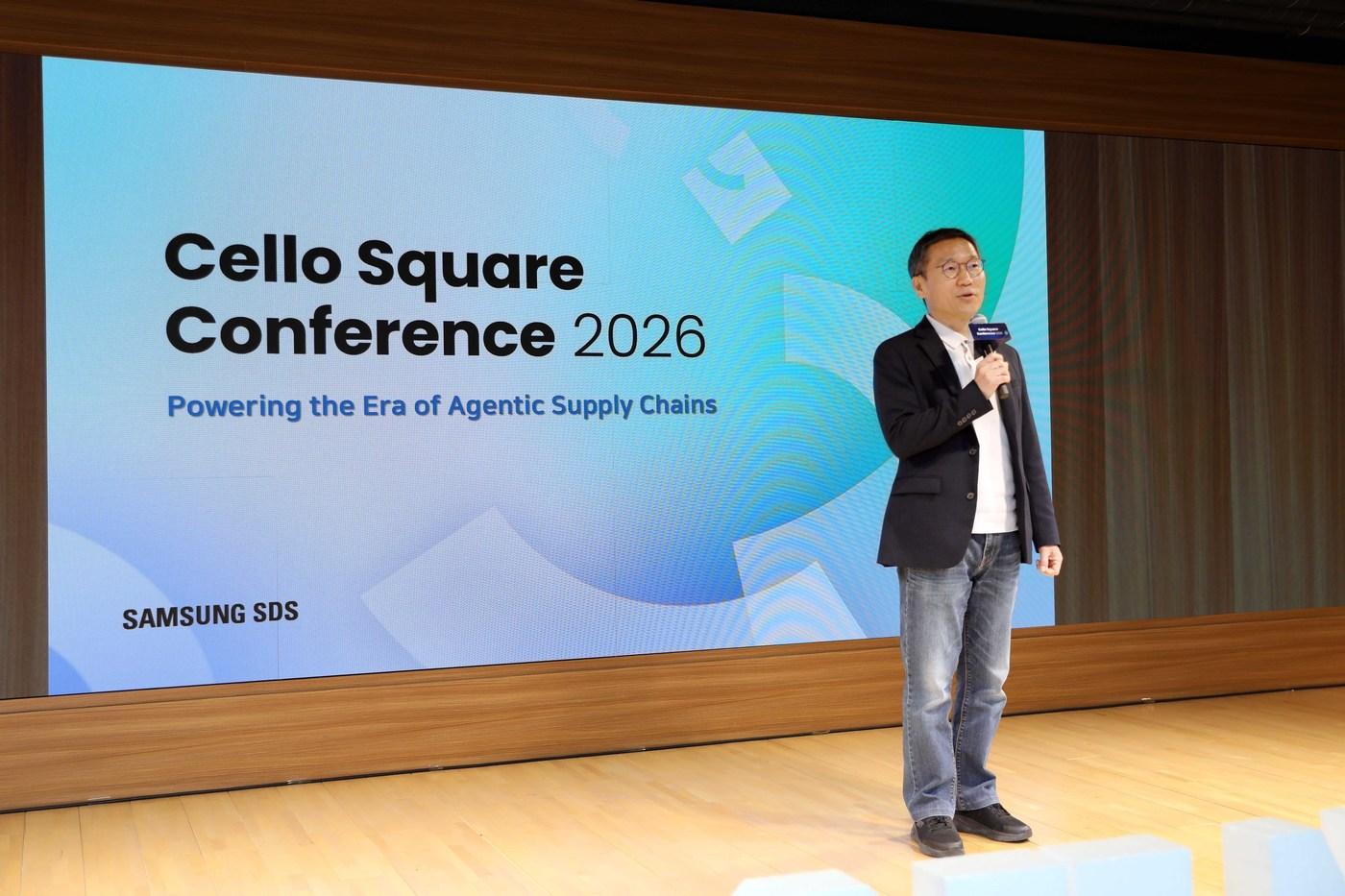 본문 이미지 - 오구일 삼성SDS 물류사업부장(부사장)이 2일 판교 물류캠퍼스에서 진행된 '첼로스퀘어 콘퍼런스 2026'에서 기조연설을 하고 있다. (삼성SDS 제공)