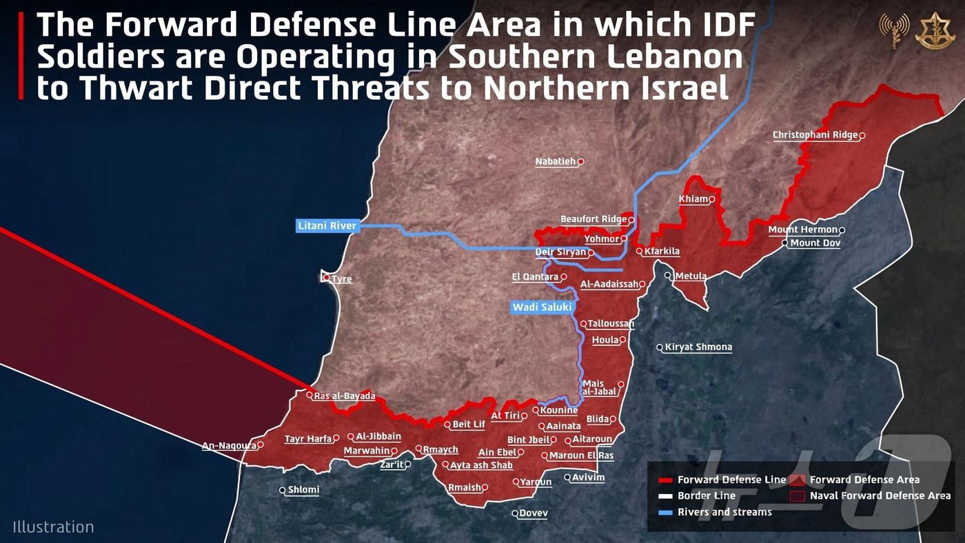 본문 이미지 - 이스라엘군이 19일(현지시간) 레바논 남부에서 작전을 수행 중인 지역과 전방 방어선을 표시한 지도를 공개했다. 2026.4.19. ⓒ 뉴스1 ⓒ 로이터=뉴스1