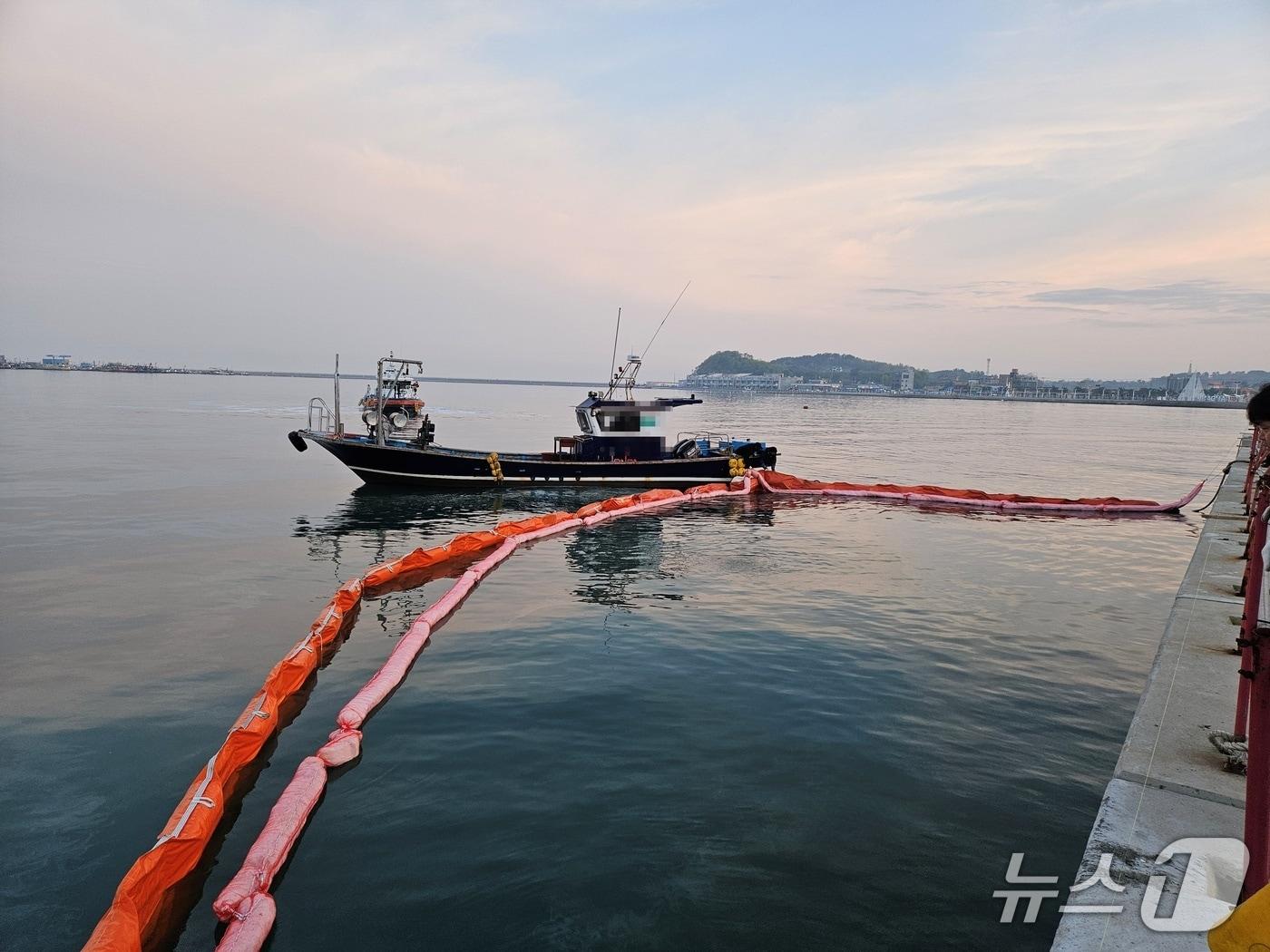 본문 이미지 - 보령해경이 홍성 남당항 침몰 선박에서 유출된 기름에 대해 방제작업을 실시 중인 모습. (보령해경 제공, 재판매 및 DB금지) / 뉴스1  