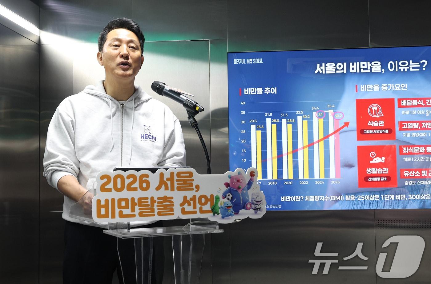 본문 이미지 - 오세훈 서울시장이 20일 오전 서울 영등포구 여의나루역 러너스테이션에서 열린 서울시민 비만율 저감방안 현장 발표회에서 비만 저감방안을 발표하고 있다. 2026.4.20 ⓒ 뉴스1 오대일 기자