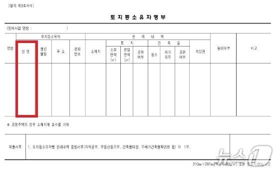 본문 이미지 -  기존 토지 등 소유자 명부 양식 (서울시 제공) 뉴스1ⓒ news1 