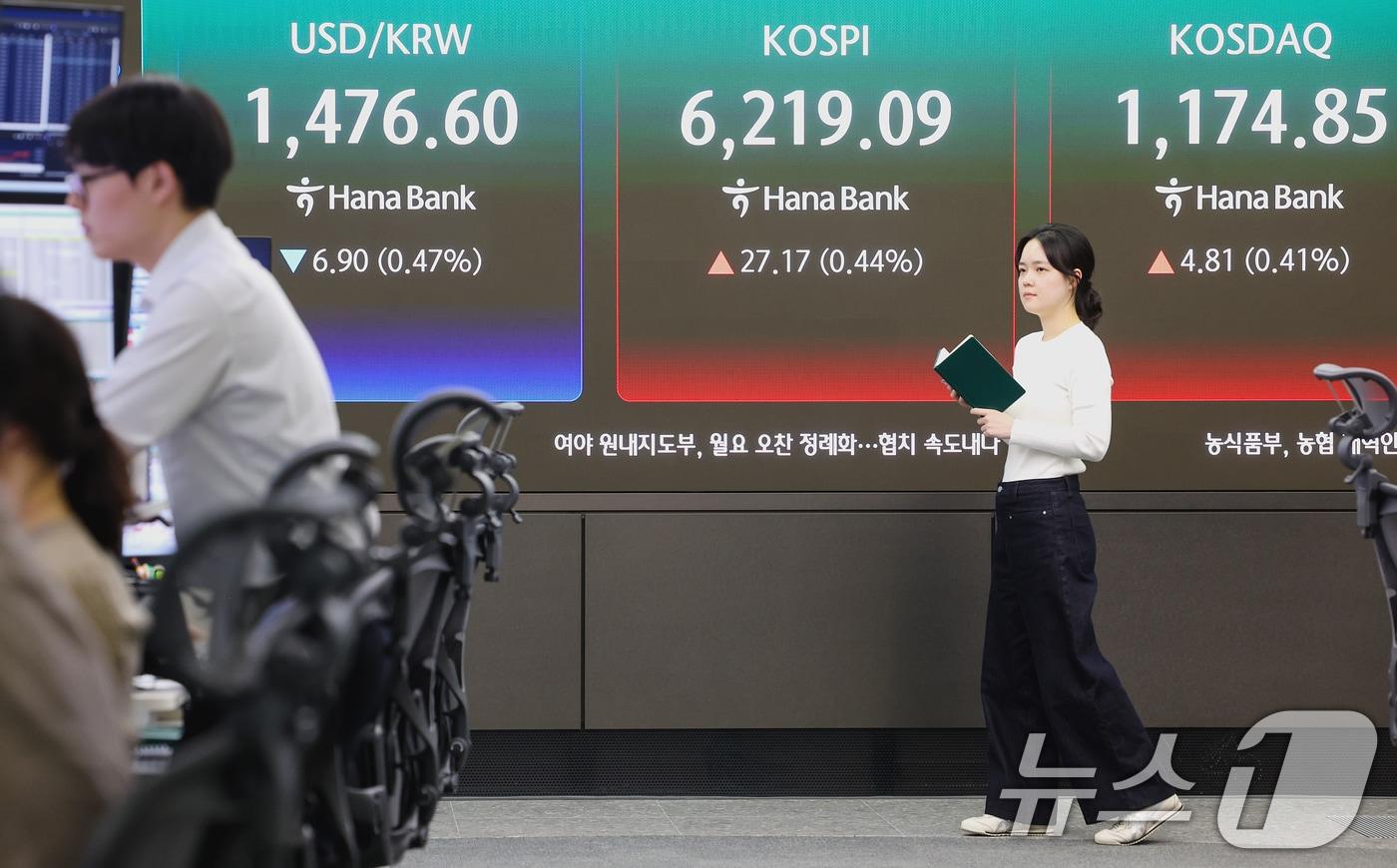 본문 이미지 - 코스피 지수가 중동 지역의 지정학적 리스크에도 불구하고 6000포인트를 회복한 가운데 20일 서울 중구 하나은행 본점 딜링룸 전광판에 시황이 나타나고 있다. 2026.4.20 ⓒ 뉴스1 조연우 인턴기자