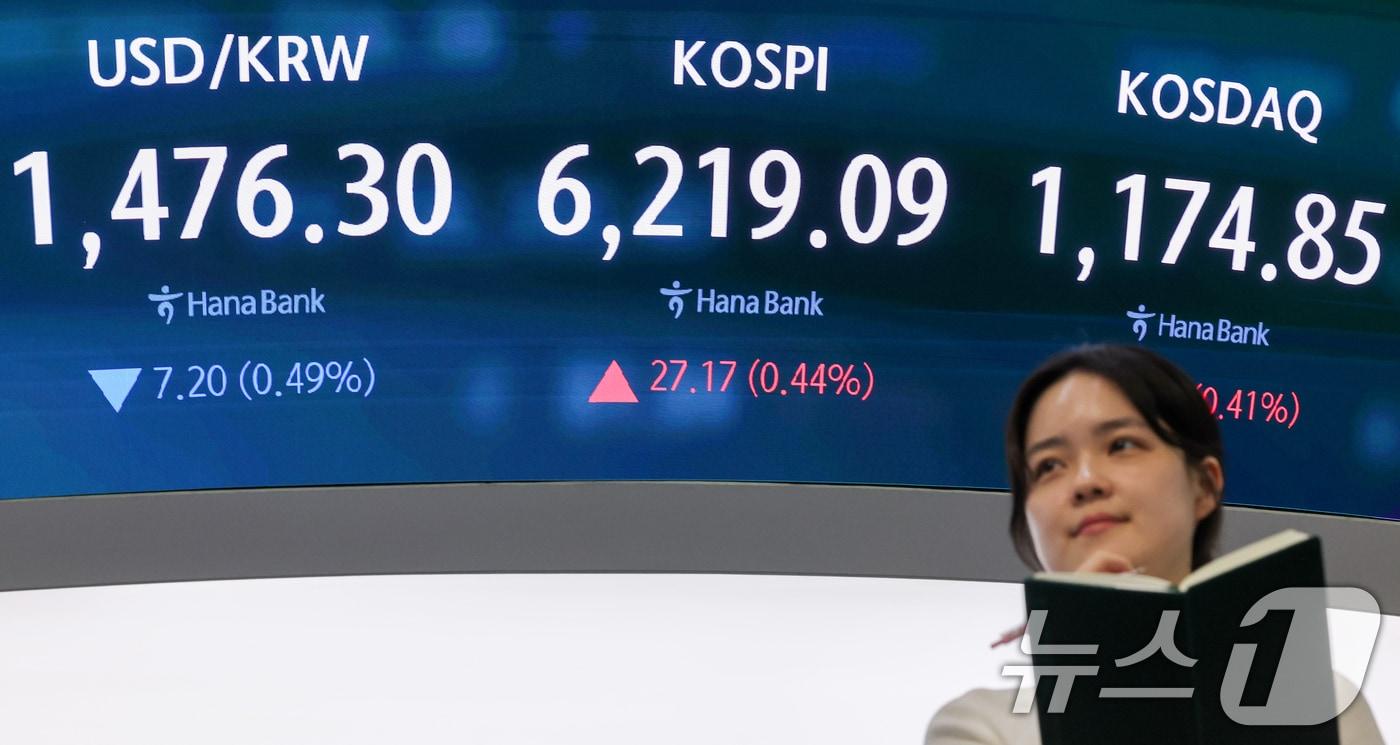 본문 이미지 - 코스피 지수가 중동 지역의 지정학적 리스크에도 불구하고 6200포인트를 회복한 20일 서울 중구 하나은행 본점 딜링룸 전광판에 코스피 지수 시황이 나타나고 있다. 2026.4.20 ⓒ 뉴스1 조연우 인턴기자