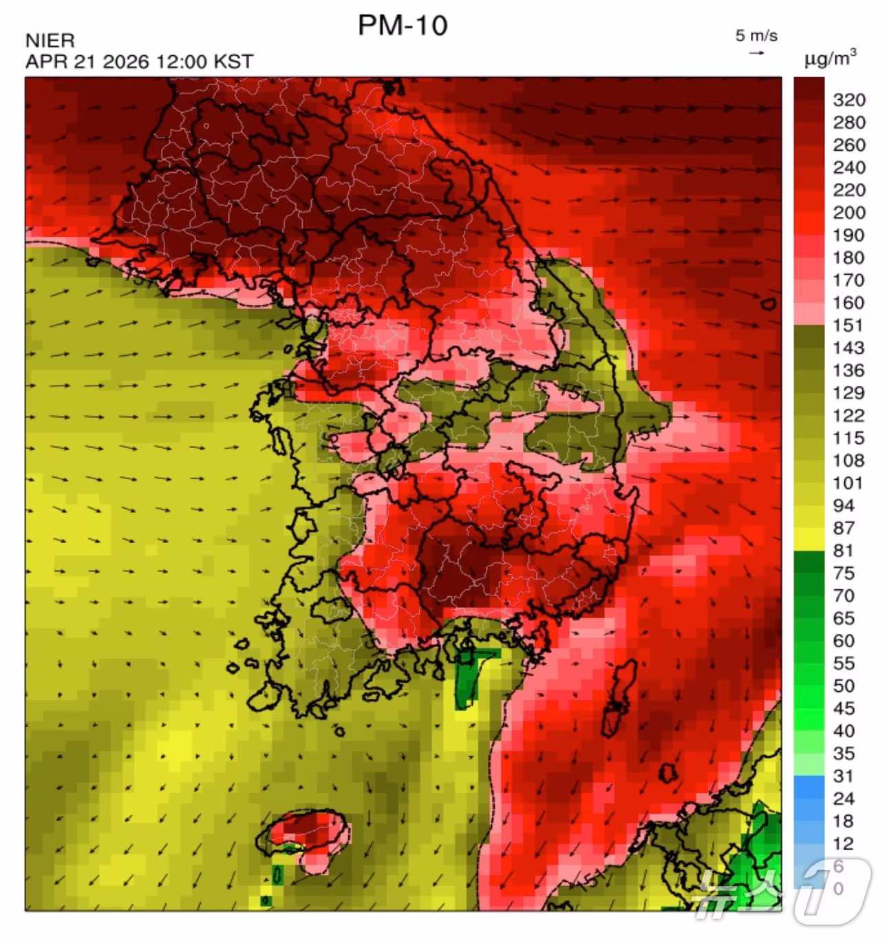 본문 이미지 - 21일 낮 12시 기준 한반도 상공의 미세먼지(PM10) 전망(기후에너지환경부 제공) ⓒ 뉴스1