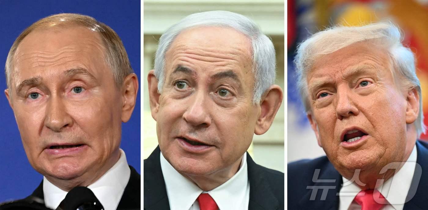 본문 이미지 - 왼쪽부터 블라미디르 푸틴 러시아 대통령, 베냐민 네타냐후 이스라엘 총리, 도널드 트럼프 미국 대통령 ⓒ AFP=뉴스1