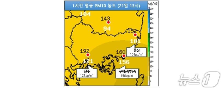 본문 이미지 - 황사·미세먼지 농도 분포도.(부산지방기상청 제공. 재판매 및 DB 금지)