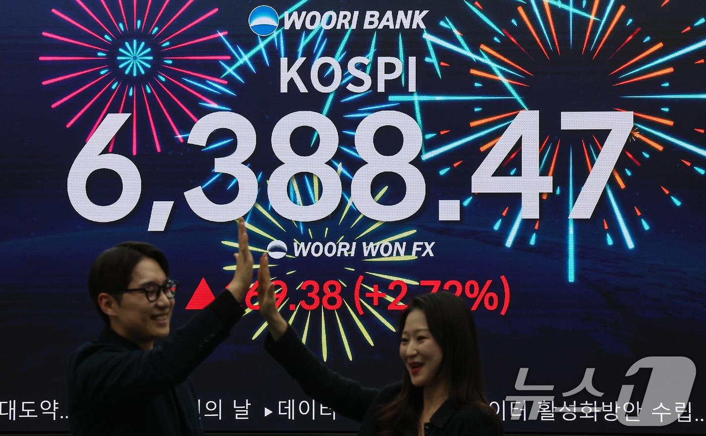 본문 이미지 - 코스피 지수가 종가 기준 사상 최고치를 경신한 21일 오후 서울 중구 우리은행 본점 딜링룸 전광판에 코스피 지수 등 종가가 표시되고 있다. 이날 코스피는 전 거래일 대비 169.38포인트(2.72%) 오른 6388.47, 코스닥은 4.18포인트(0.36%) 오른 1179.03에 장을 마쳤다. 2026.4.21 ⓒ 뉴스1 김도우 기자