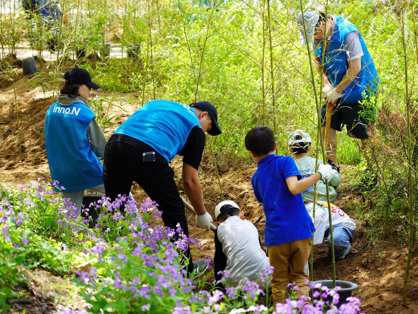 본문 이미지 - HK이노엔 임직원과 가족들이 멸종위기종 레서판다의 먹이원인 대나무를 식재하고 있다. (HK이노엔 제공)