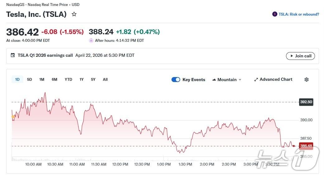 본문 이미지 - 테슬라 일일 주가 추이 - 야후 파이낸스 갈무리