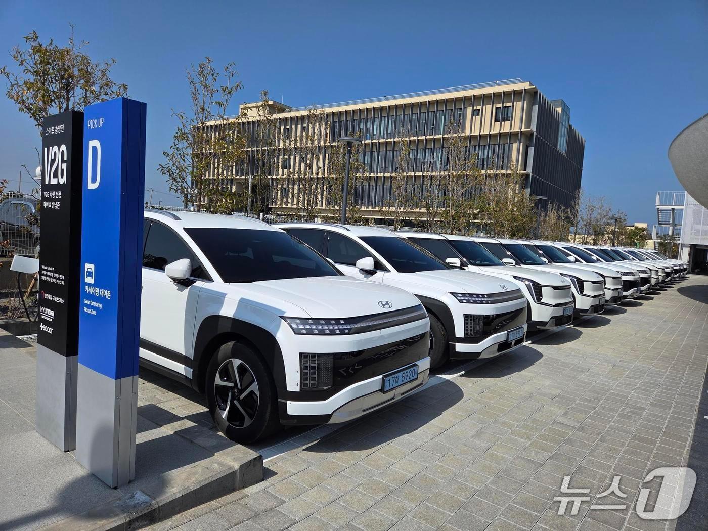 본문 이미지 -  현대차그룹의 제주도 V2G 실증 서비스 현장에서 전기차들이 양방향 충전기에 연결돼 실제 충·방전을 통해 전력을 주고 받고 있다.(현대차그룹 제공) 
