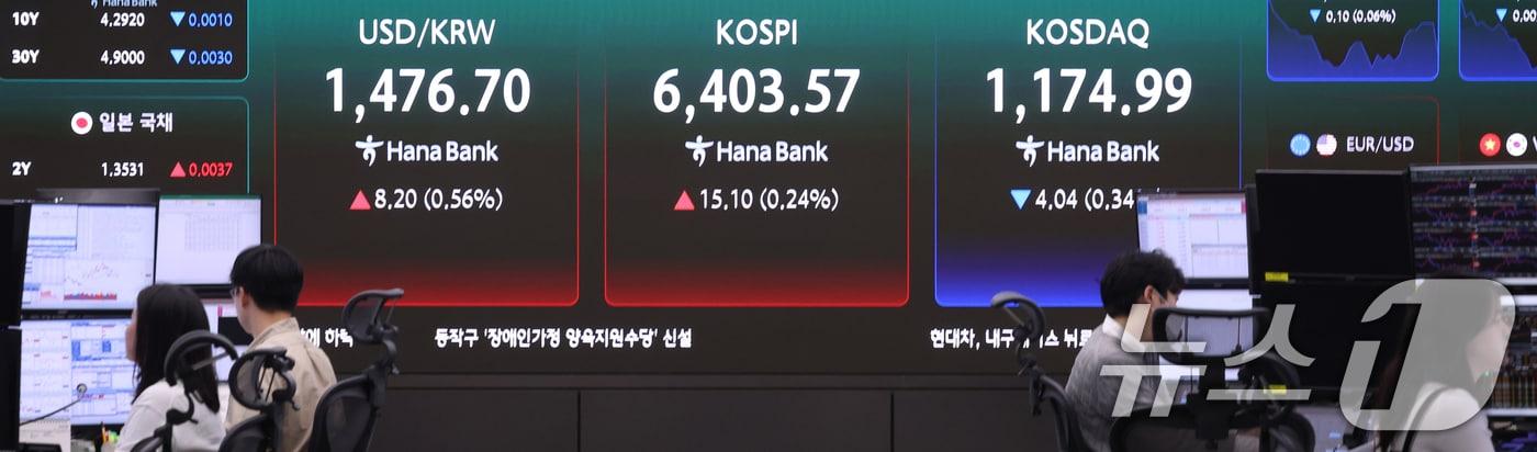 본문 이미지 - 22일 오전 서울 중구 하나은행 딜링룸에 시황이 나오고 있다.  2026.4.22 ⓒ 뉴스1 조연우 인턴기자