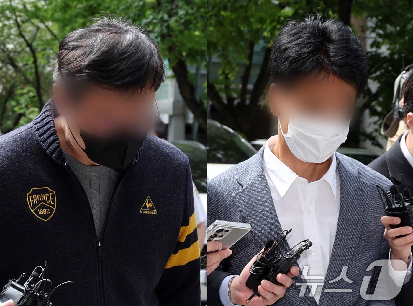 본문 이미지 - 인플루언서인 아내의 사기 사건을 무마하기 위해 경찰에 향응·청탁을 제공한 혐의를 받는 재력가 이 모씨(왼쪽)와 이를 대가로 사건을 무마해 준 혐의를 받는 서울 강남경찰서 소속 송 모 경감이 22일 오후 서울 양천구 서울남부지법에서 열린 구속 전 피의자 심문(영장실질심사)에 출석하고 있다. 2026.4.22 ⓒ 뉴스1 황기선 기자