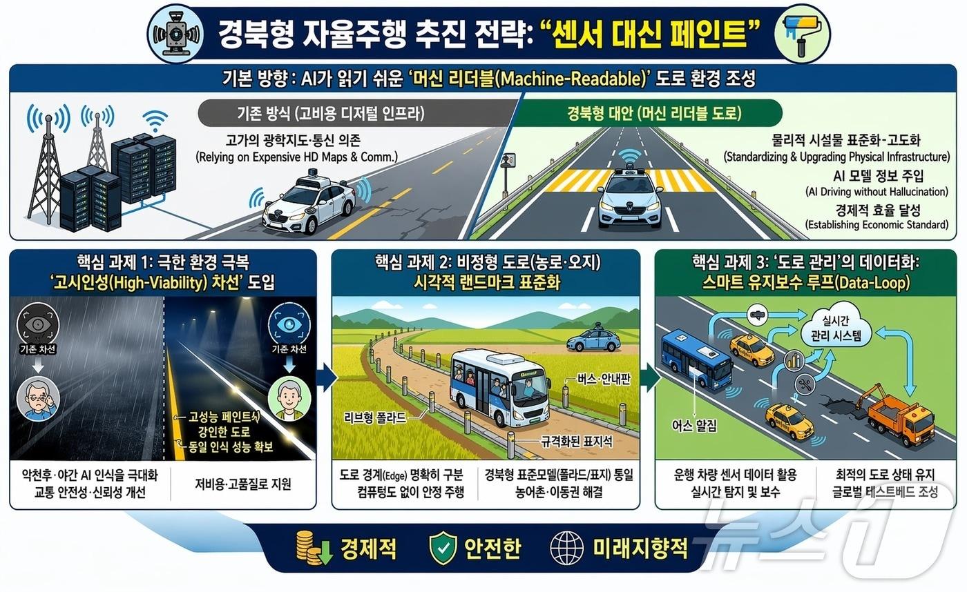 본문 이미지 - 경북연구원은 26일 자율주행 기술 패러다임이 규칙 기반에서 추론 기반 인공지능으로 전환되면서 도로 정책도 ‘머신 리더블(Machine Readable)’ 중심으로 바뀌어야 한다. /뉴스1