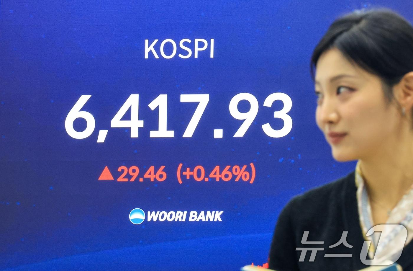 본문 이미지 - 코스피 지수가 연일 사상 최고치를 경신한 22일 서울 중구 우리은행 본점 딜링룸 전광판에 종가가 표시되고 있다. 이날 코스피 지수는 전거래일 대비 29.46(0.46%) 포인트 상승한 6417.93, 코스닥은 전거래일 대비 2.09포인트(0.18%) 오른 1181.12로 장을 마감했다. 2026.4.22 ⓒ 뉴스1 이호윤 기자