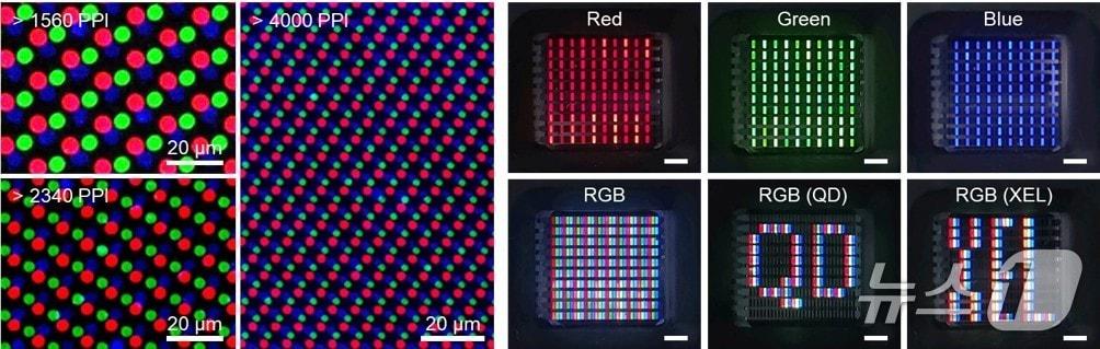 본문 이미지 - 형성된 RGB 퀀텀닷 패턴과 10 &times; 10 QD-LED 어레이 이미지.(UNIST 제공. 재판매 및 DB금지)/뉴스1