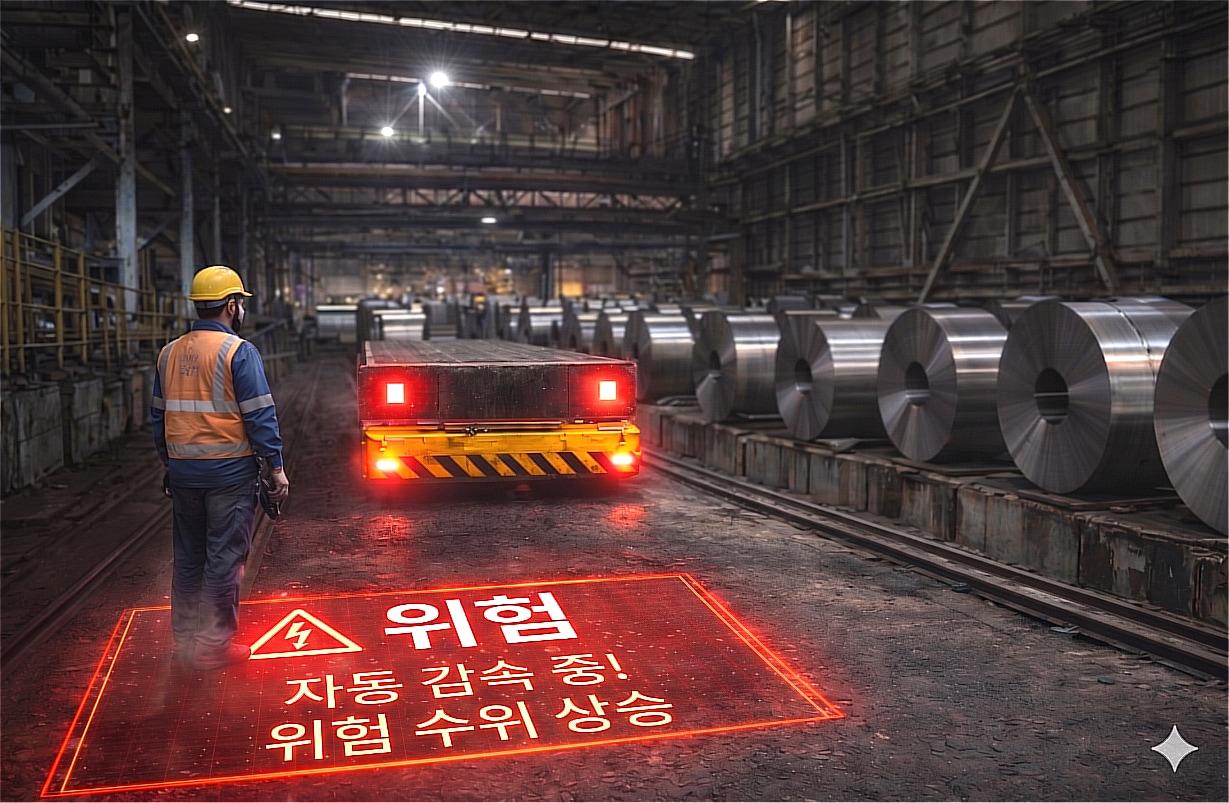 본문 이미지 - 작업자의 충돌 위험을 실시간으로 감지해 자동 감속을 수행하는 지능형 안전 시스템 예시. (KG스틸 제공)