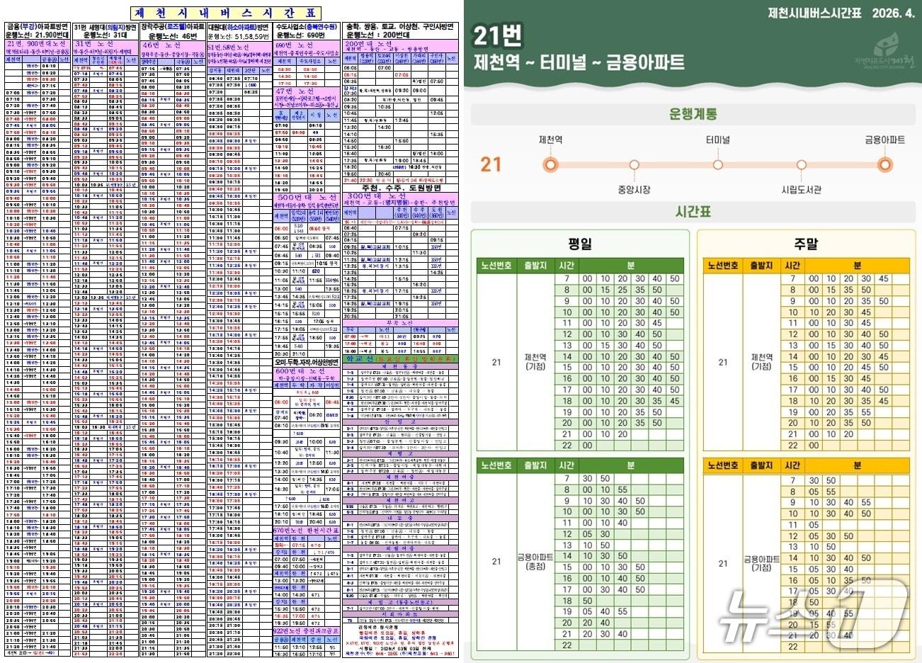 본문 이미지 - 개선 전 제천시 시내버스 시간표(좌), 개선 후 시간표(우)(제천시 제공. 재판매 및 DB금지) 
