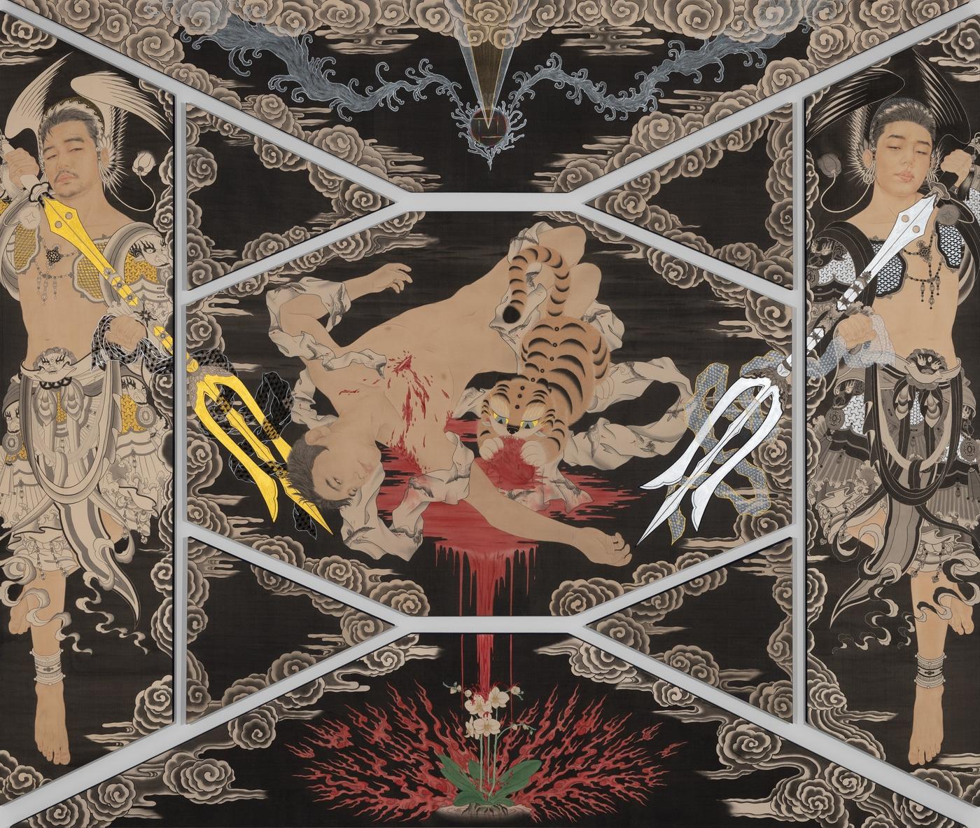 본문 이미지 - 박그림은 전통 불교회화 형식을 빌려 동시대적 서사와 정체성을 탐구해온 작가다. 자기혐오와 정체성 혼란, SNS 이미지와 종교적 도상을 병치하고, 페르소나인 '호랑이'를 통해 흔들리는 자아를 투영하는 작업으로 주목받았다.