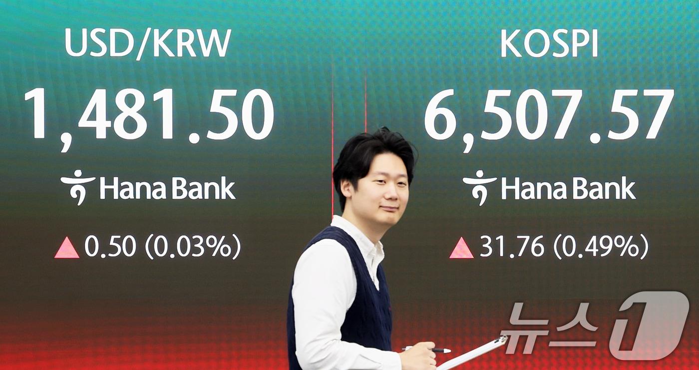 본문 이미지 - 전날 사상 최고치를 경신한 코스피가 숨고르기 흐름을 보이는 24일 오전 서울 중구 하나은행 딜링룸 전광판에 코스피와 코스닥 지수 등이 표시되고 있다. 이날 코스피는 전 거래일 대비 20.29포인트(0.31%) 오른 6496.10에, 코스닥은 2.11포인트(0.18%) 상승한 1176.42로 개장했다. ⓒ 뉴스1 조연우 인턴기자