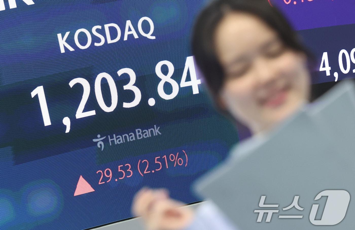 본문 이미지 - 코스닥지수는 2% 넘게 급등해 2000년 이후 처음으로 종가 기준 1,200선을 넘어선 24일 서울 중구 하나은행 본점 딜링룸에 종가가 나오고 있다. 2026.4.24 ⓒ 뉴스1 김성진 기자