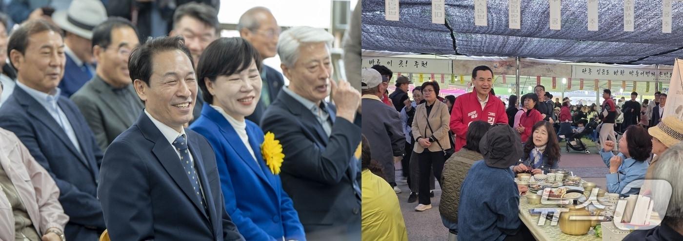 본문 이미지 - 강원도지사 선거를 39일 앞둔 25일 삼척을 찾은 우상호 더불어민주당 도지사 후보(사진 왼쪽)와 전날 영월 단종문화제에 방문한 김진태 국민의힘 후보.(정당기호 순, 각 후보 측 제공, 재판매 및 DB 금지)