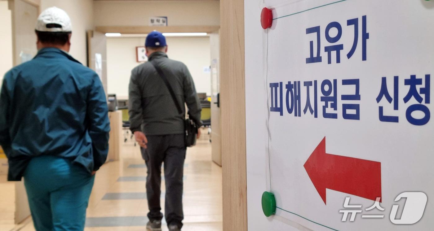 본문 이미지 - 고유가 피해지원금 신청 첫날인 27일 오전 제주시 노형동주민센터에 신청자들이 들어서고 있다.