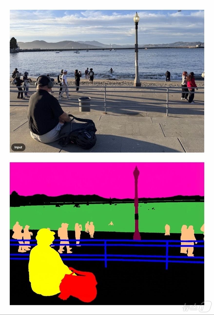 본문 이미지 - 원본 이미지(상)를 '비전 바나나'에 입력한 후 객체별로 색깔을 지정해 구분해달라고 요청하면 아래처럼 RGB 이미지로 출력해 준다. (구글 딥마인드 기술 보고서 갈무리)