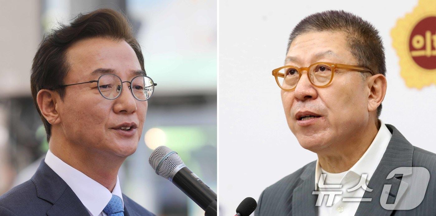 본문 이미지 - 전재수 더불어민주당 부산시장 후보(왼쪽)와 박형준 국민의힘 부산시장 후보가 27일 구포시장에서 열린 '북구 주민 감사 인사' 행사와 부산시의회 브리핑룸에서 열린 6·3 지방선거 부산시장 출마 선언 기자회견에서 각각 발언을 하고 있다. 2026.4.27 ⓒ 뉴스1 윤일지 기자