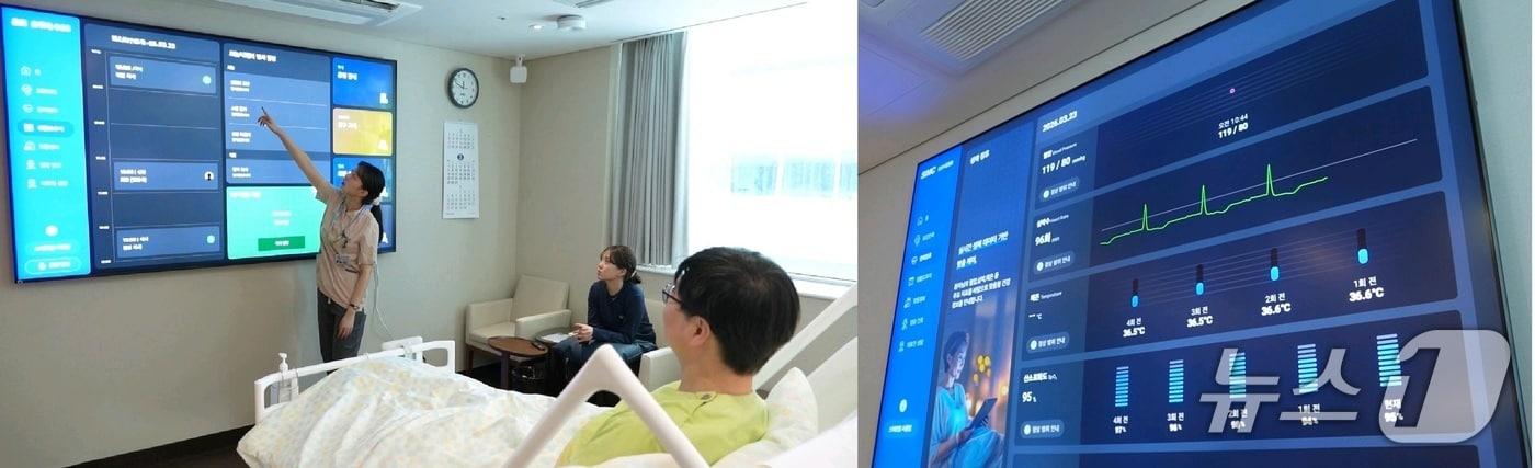 본문 이미지 - 스마트병실 내 화면을 활용해 간호사가 검사 일정 등을 설명하고 있다.(삼성서울병원 제공)