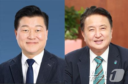 본문 이미지 - 신용한 더불어민주당 충북지사 후보(왼쪽)와 김영환 충북지사. ⓒ 뉴스1 김용빈 기자