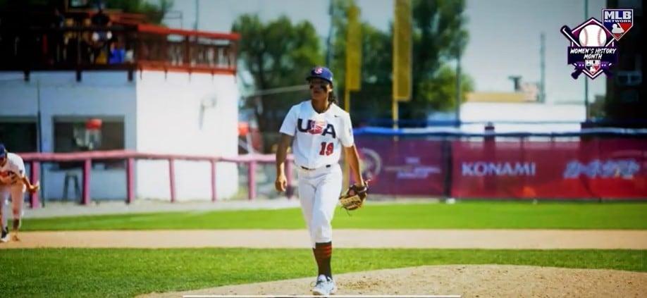 본문 이미지 - 여자 야구 선수 올리비아 피차도. 그는 미국대학야구 1부리그 경기에 최초로 등판한 여자 투수가 됐다.(MLB 홈페이지 캡처)