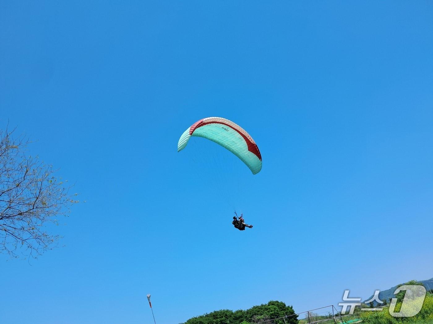 본문 이미지 - 지난해 대구 서구의 남녀 소개팅 프로그램인 '취향의 발견' 참가자들이 패러글라이딩을 체험하고 있다.(대구 서구 제공. 재판매 및 DB금지)