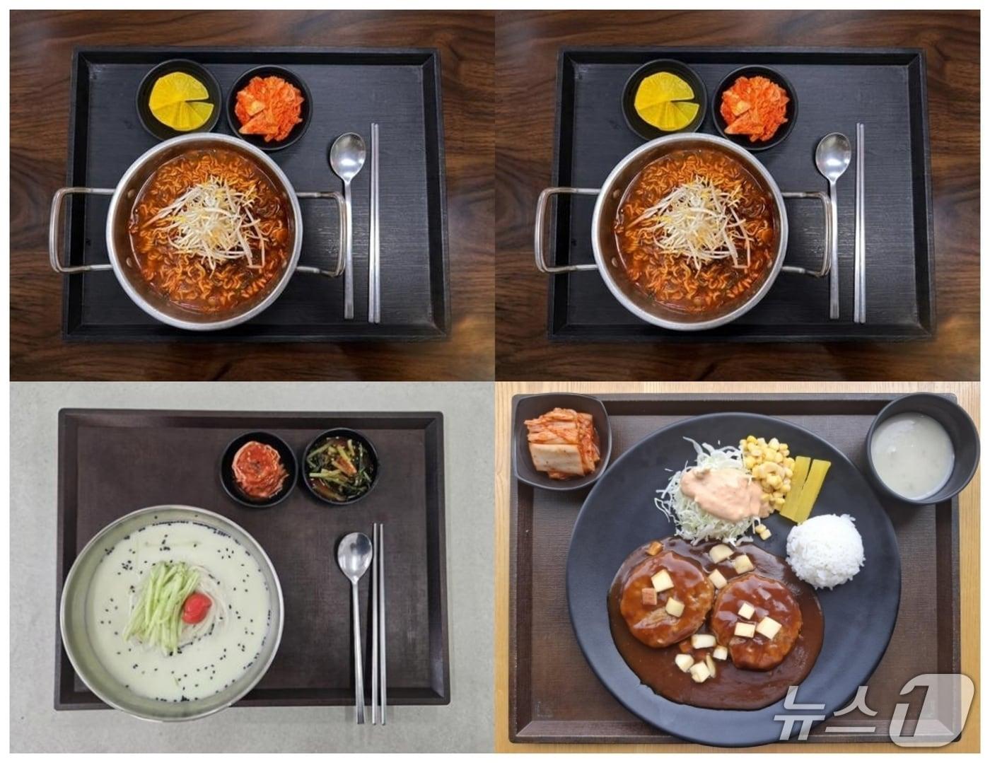 본문 이미지 - 한국도로공사 충북본부 관할 고속도로 휴게소에서 선보이는 메뉴. 괴산매운고추라면(위), 서리태콩국수(아래 왼쪽), 사과함박스테이크(아래 오른쪽)9한국도로공사 충북본부 제공. 재판매 및 DB금지)