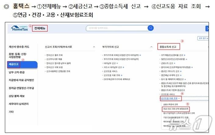 본문 이미지 - 국민건강보험공단은 오는 5월 1일부터 국세청 홈택스에서 2025년 4대 사회보험료(건강보험·국민연금·고용보험·산재보험) 납부 내역을 확인할 수 있다고 28일 밝혔다. 사진은 국세청 홈택스 화면.(국민건강보험공단 제공)