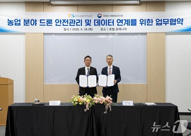 본문 이미지 - 정용식 TS 이사장(왼쪽)과 김철 국립농산물품질관리원 김철 원장(오른쪽) 업무협약을 체결하고 기념촬영을 하고 있다.(한국교통안전공단 제공)뉴스1ⓒ news1