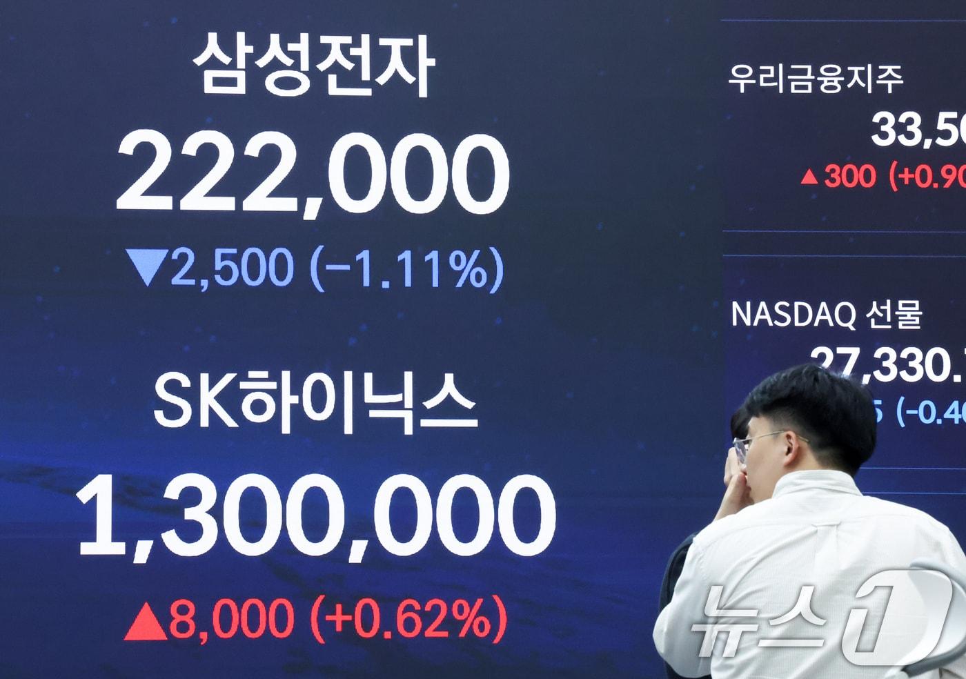 본문 이미지 - 28일 오후 서울 중구 우리은행 본점 딜링룸 전광판에 삼성전자, SK하이닉스 종가가 표시되고 있다. 2026.4.28 ⓒ 뉴스1 임지훈 인턴기자