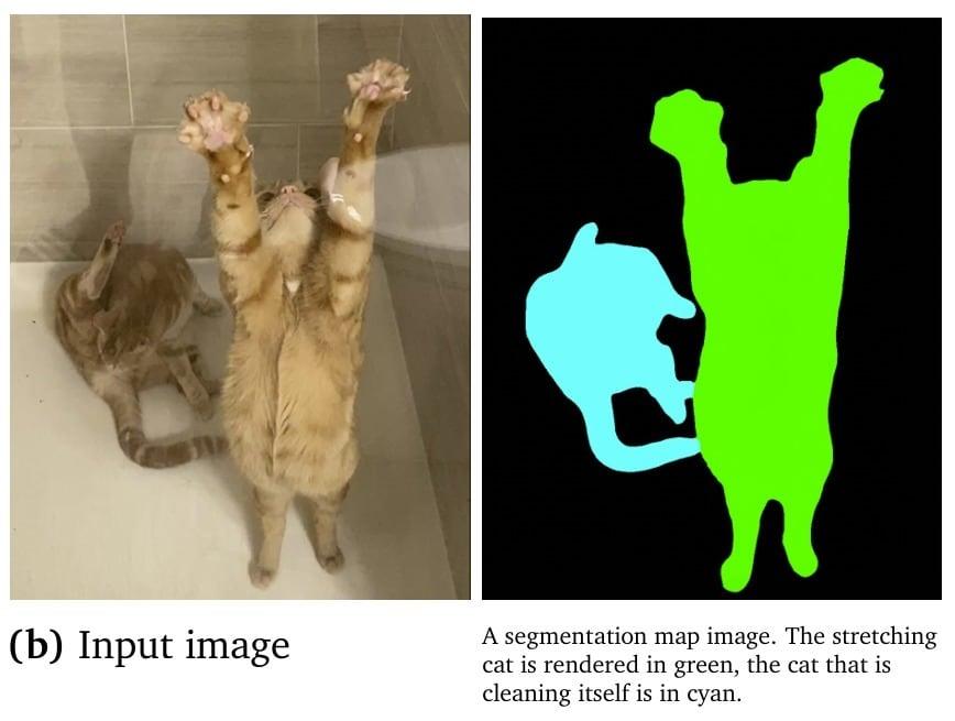본문 이미지 - 구글 딥마인드가 공개한 생성·이해 통합 범용 시각 인공지능(AI) '비전 바나나'(Vision Banana)를 통해 이미지를 RGB 출력값으로 분석한 결과. 웅크린 채 몸을 핥는 고양이는 하늘색으로, 앞다리를 뻗고 있는 고양이는 녹색으로 구분했다. (구글 딥마인드 기술 보고서 갈무리)
